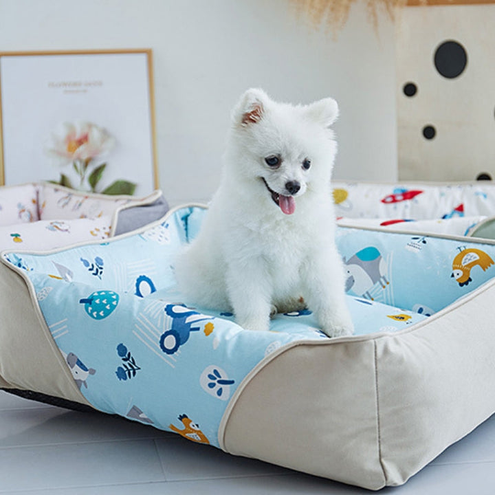 Eco-friendly plush dog bed designed with a neck guard for pet comfort.