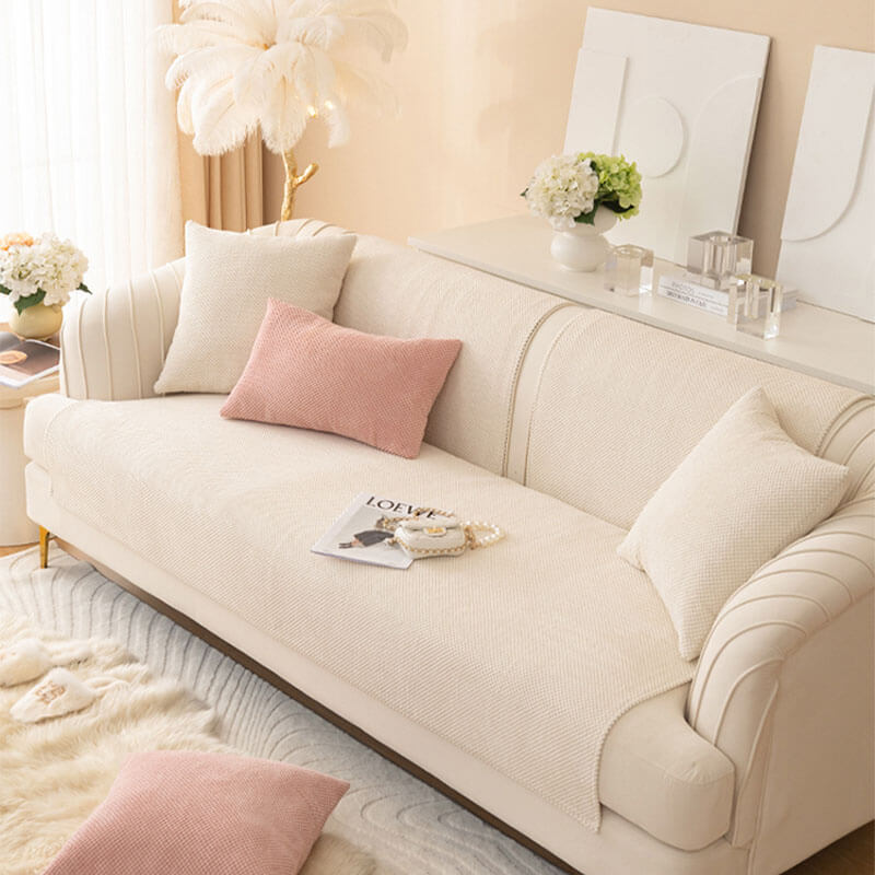 Easy-to-install plush solid color furniture protector for couches and sectional sofas, non-slip design