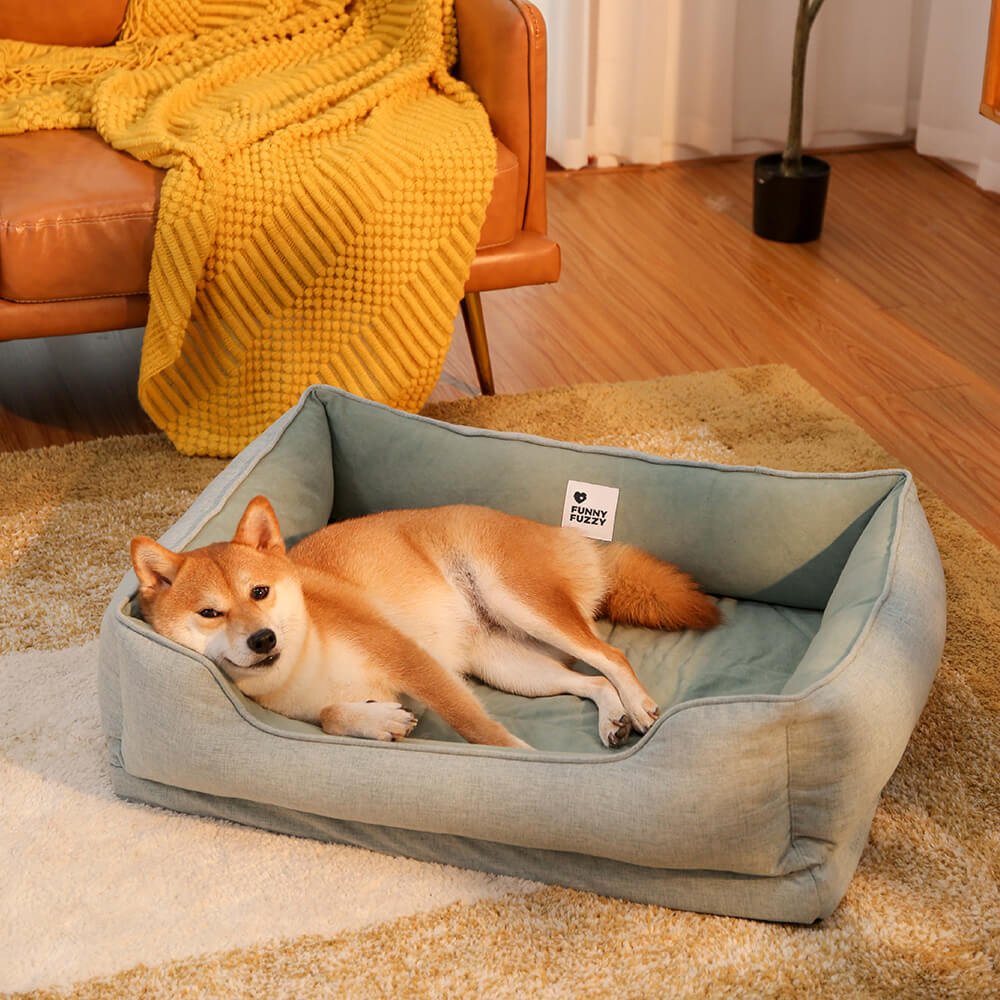 Plush square bread dog bed, soft velvet for small pets, washable comfort.