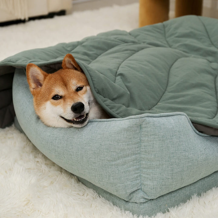 Side view of a deep, plush square bread dog bed, great for pet comfort.