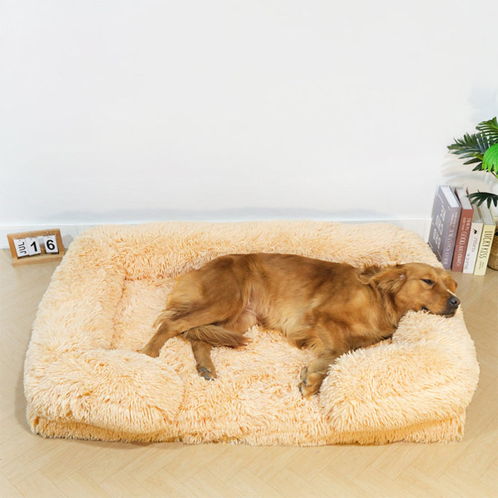 Supportive deep sleep dog bed, square shape, made with plush fabric for ultimate pet relaxation
