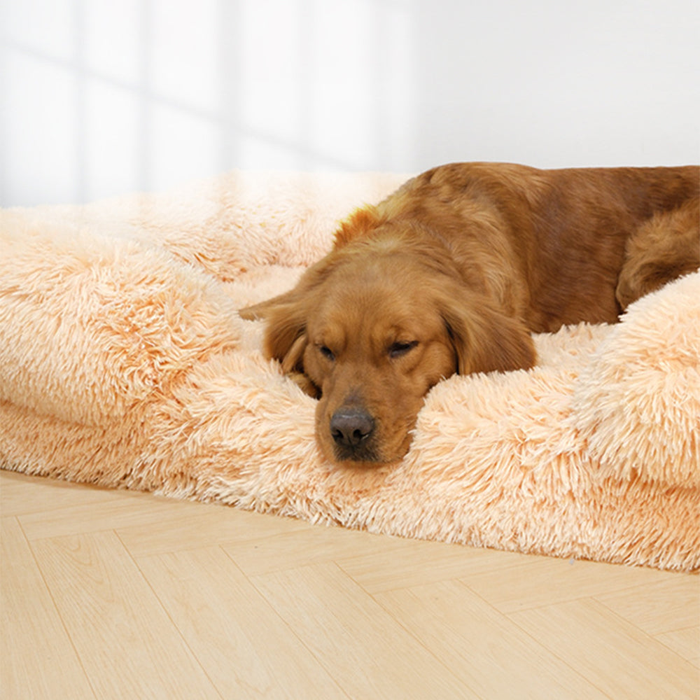 Luxury square dog bed in plush material, designed for deep sleep and pet wellness
