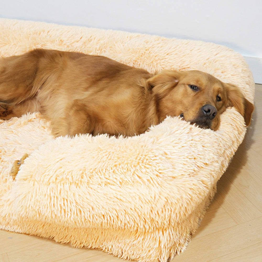 Waterproof square plush dog bed with high bolster sides, offering superior pet comfort