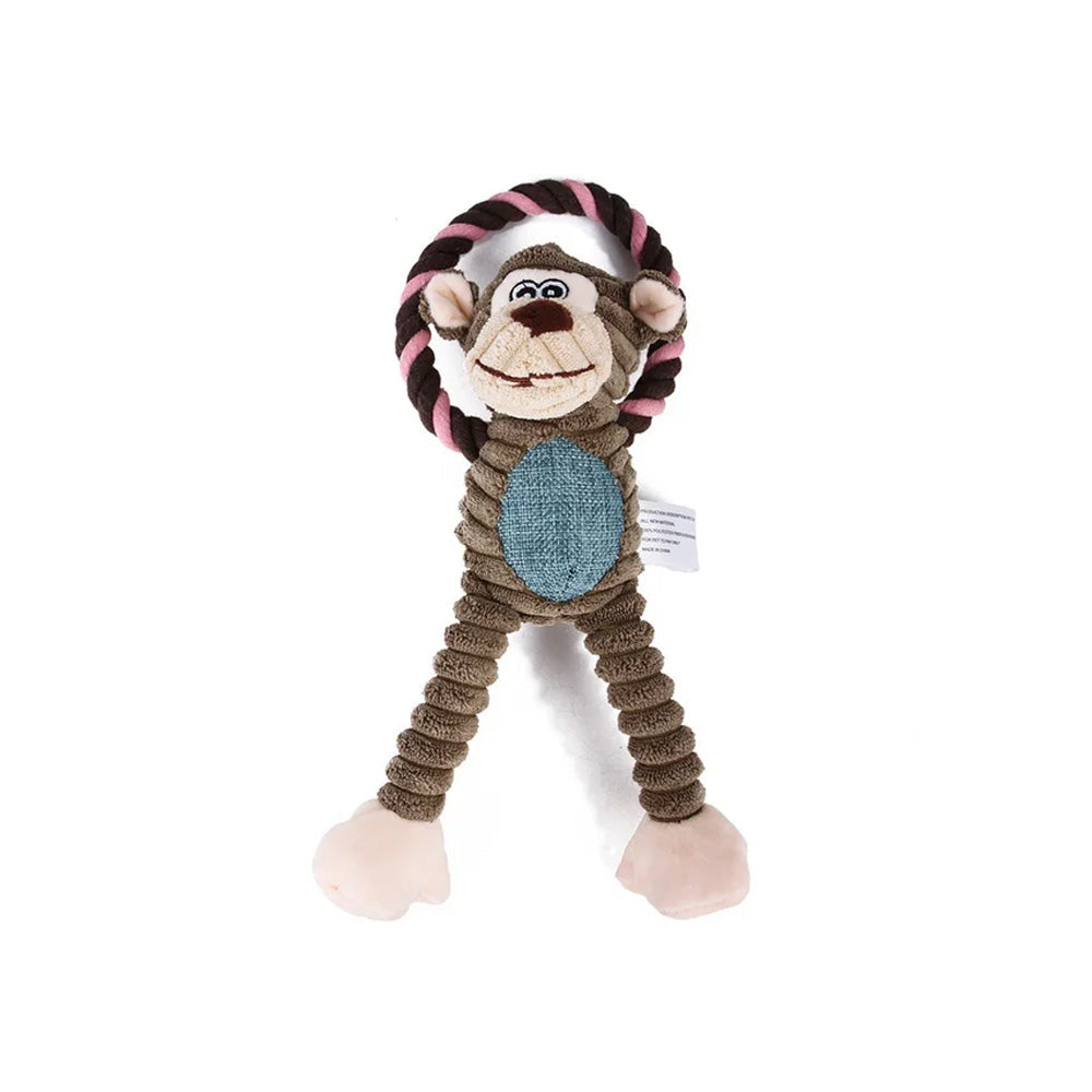 Plush squeaker dog toy, blue and white, promoting dental health through interactive chewing.