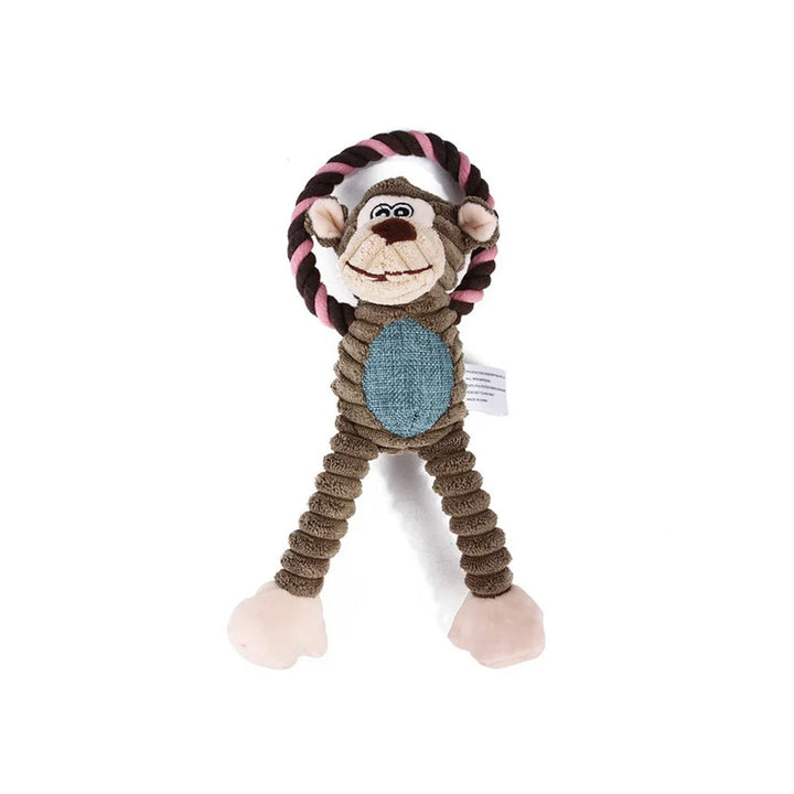 Plush squeaker dog toy, blue and white, promoting dental health through interactive chewing.