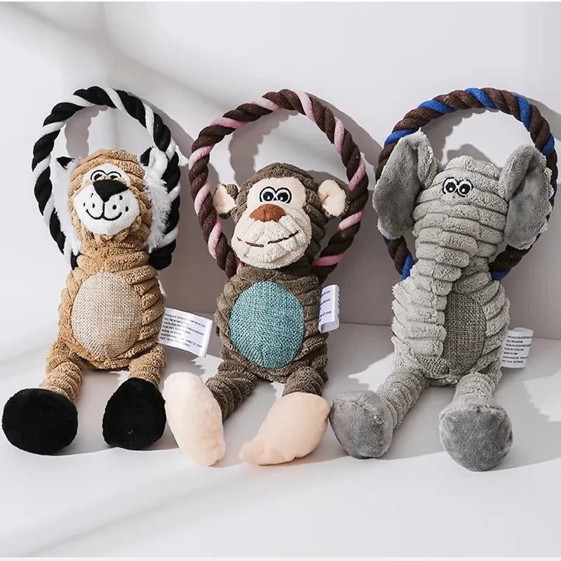Unisex plush squeaker dog toy, fleece, for dental health and interactive play.