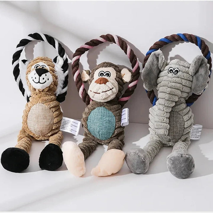 Unisex plush squeaker dog toy, fleece, for dental health and interactive play.