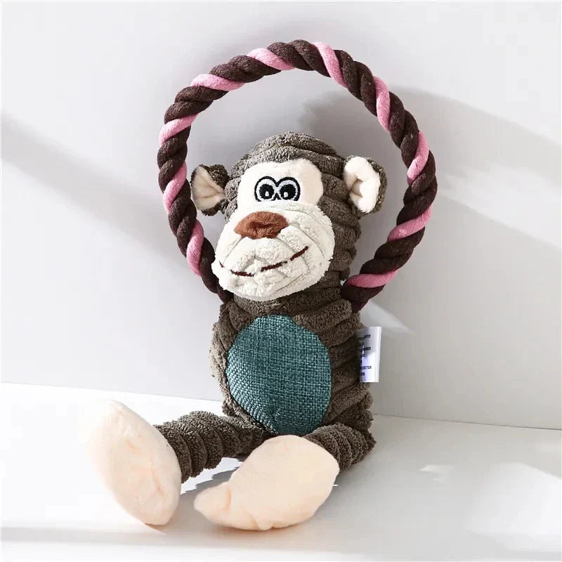 Cute plush squeaker chew toy for dogs, durable design to aid dental health.