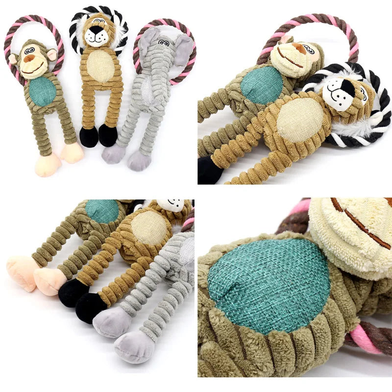 Dog toy, plush with squeaker, designed for dental health and pet interactive fun.