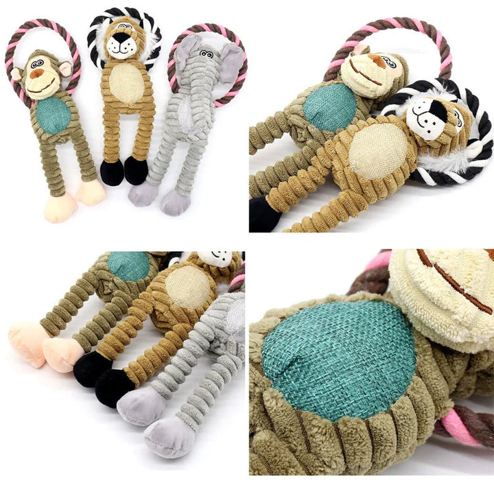 Dog toy, plush with squeaker, designed for dental health and pet interactive fun.