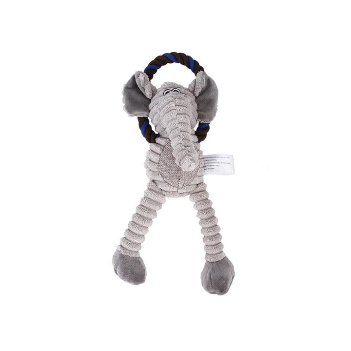Durable plush squeaker dog toy, chew-friendly for canine dental hygiene.