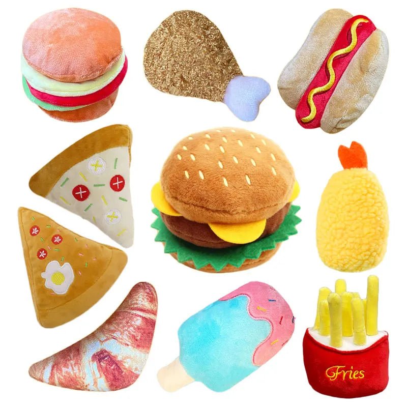 Adorable pizza slice plush squeaky dog toy with colorful toppings, suitable for puppies and small dogs.