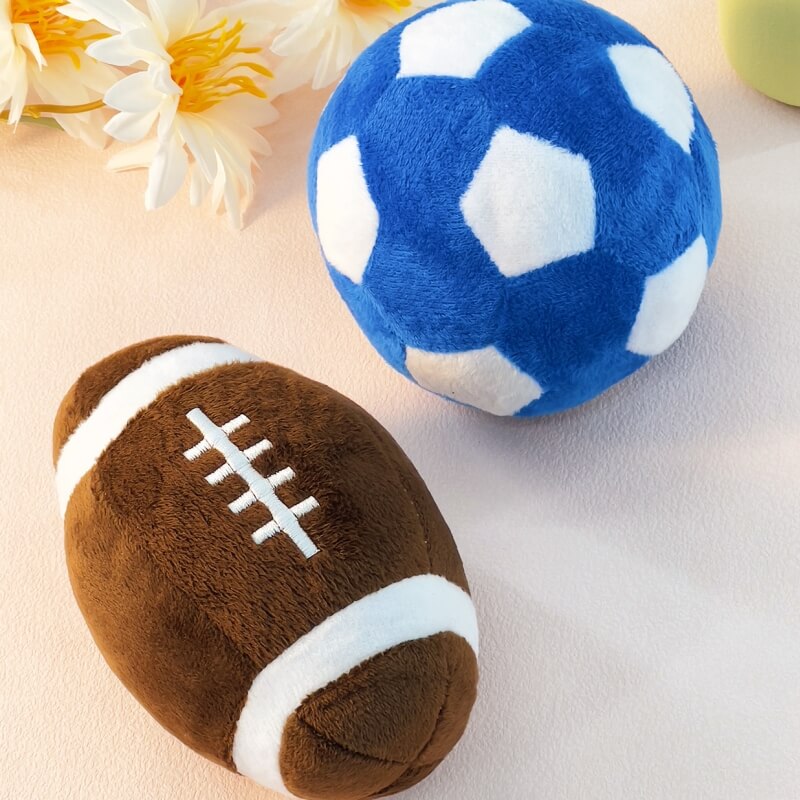 Interactive dog football toy, plush and squeaky, designed for chewing and dental care.