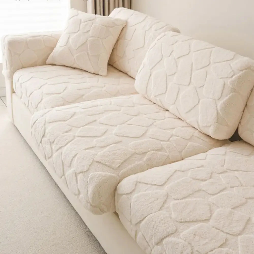 Plush and durable stone-textured couch cover, shown on a 2-seater sofa, easy to install stretch fabric