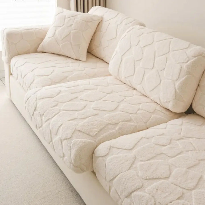 Plush and durable stone-textured couch cover, shown on a 2-seater sofa, easy to install stretch fabric