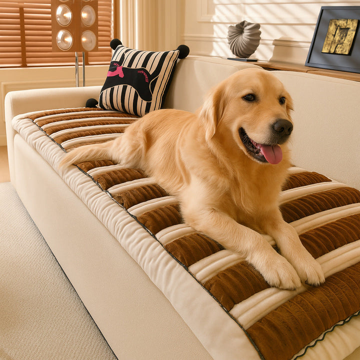 Plush striped non-slip sofa couch cover in a living room setting, protecting furniture from pets.