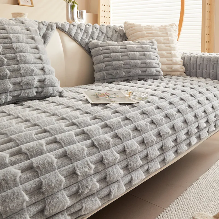 Easy-care striped plush sofa protector with non-slip backing for living room decor