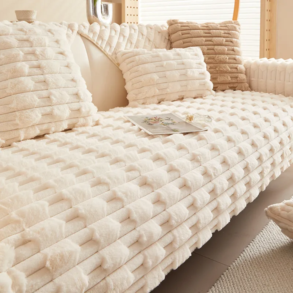 New4 plush striped sofa and chair slipcover set, offering comfortable furniture protection