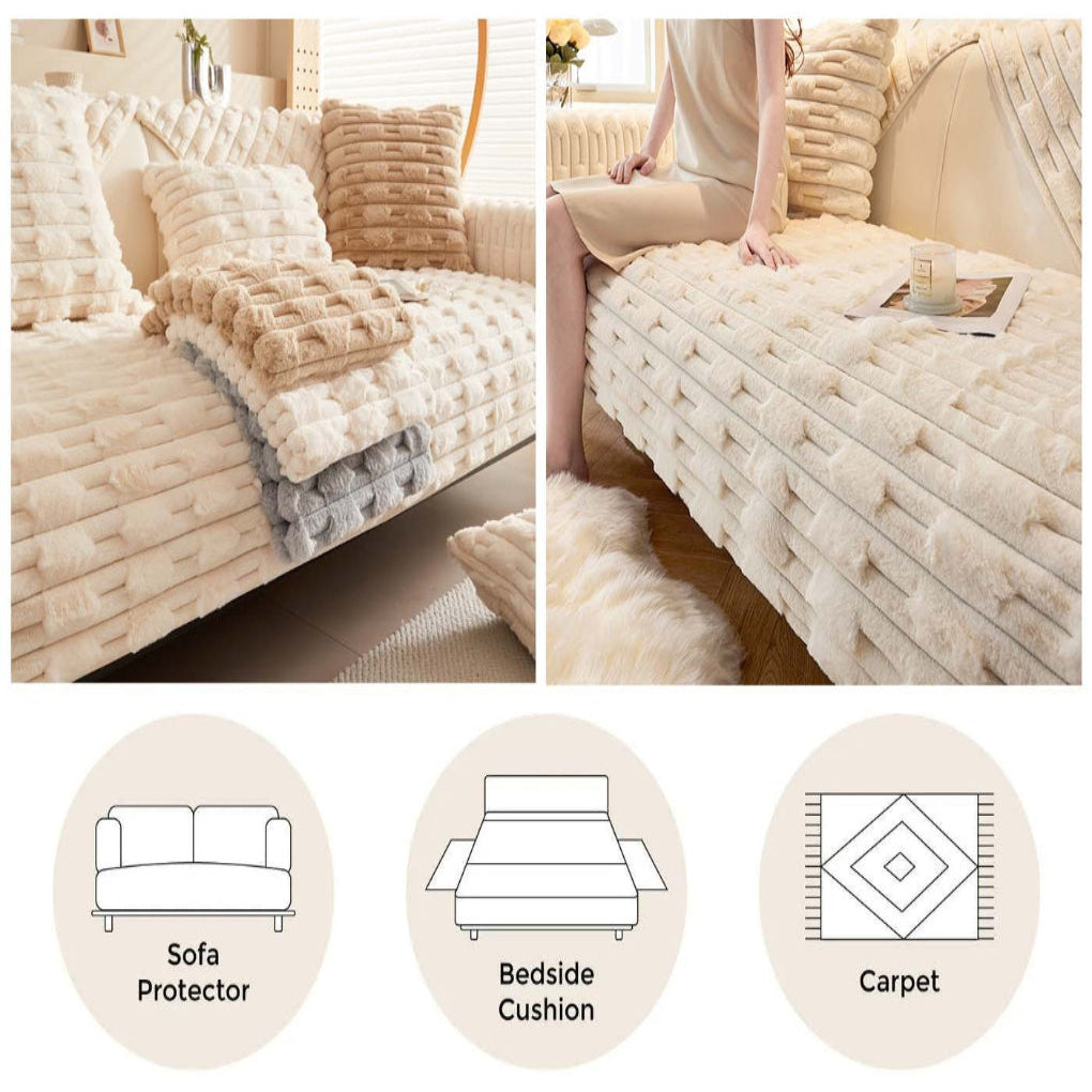 Neutral striped plush slipcover, an essential home decor item for sofa and chair protection