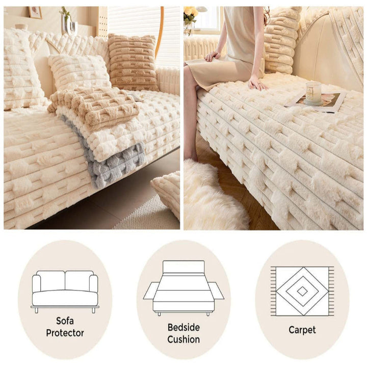 Neutral striped plush slipcover, an essential home decor item for sofa and chair protection