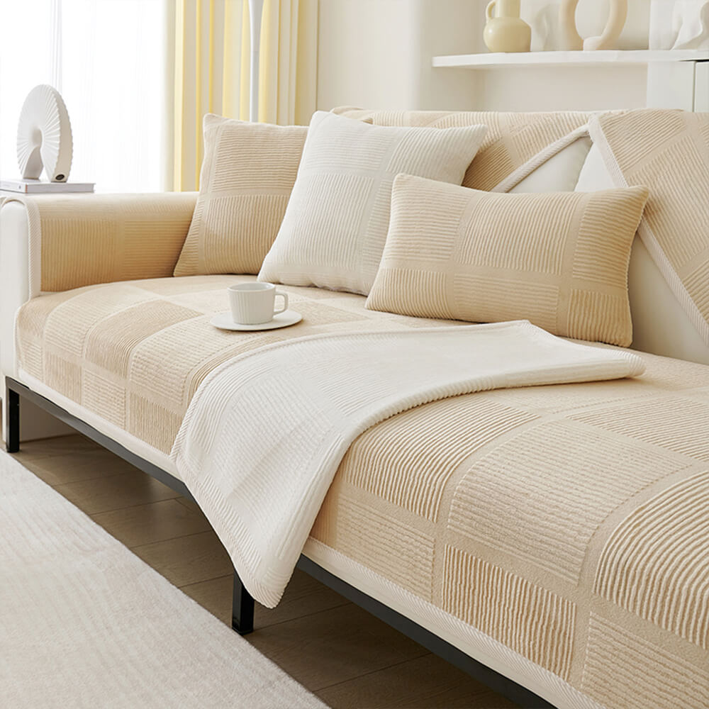 Plush striped square couch cover in a cozy living room, pet-friendly furniture protector.