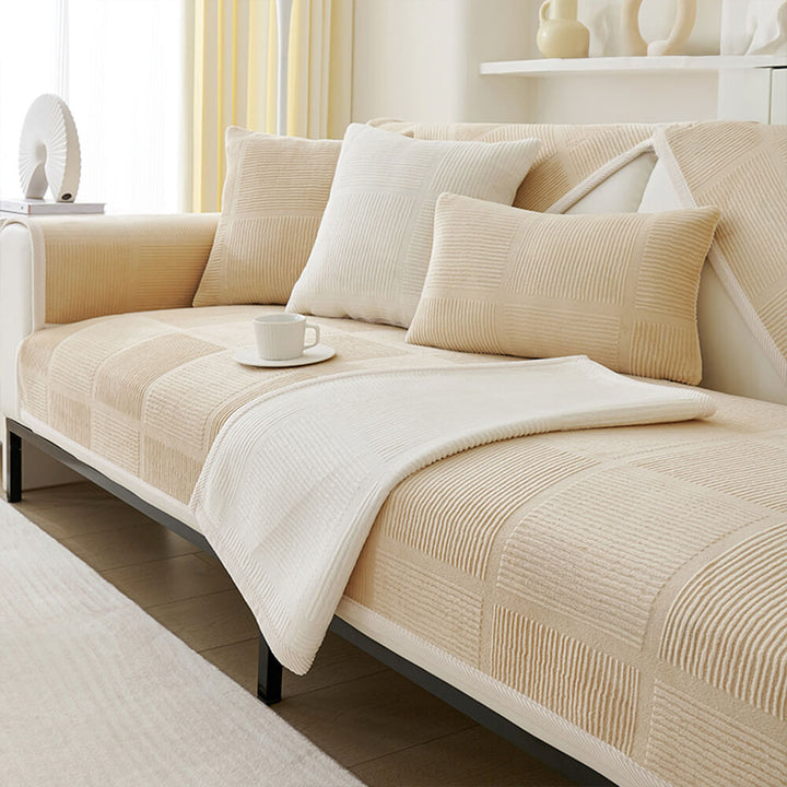 Plush striped square couch cover in a cozy living room, pet-friendly furniture protector.