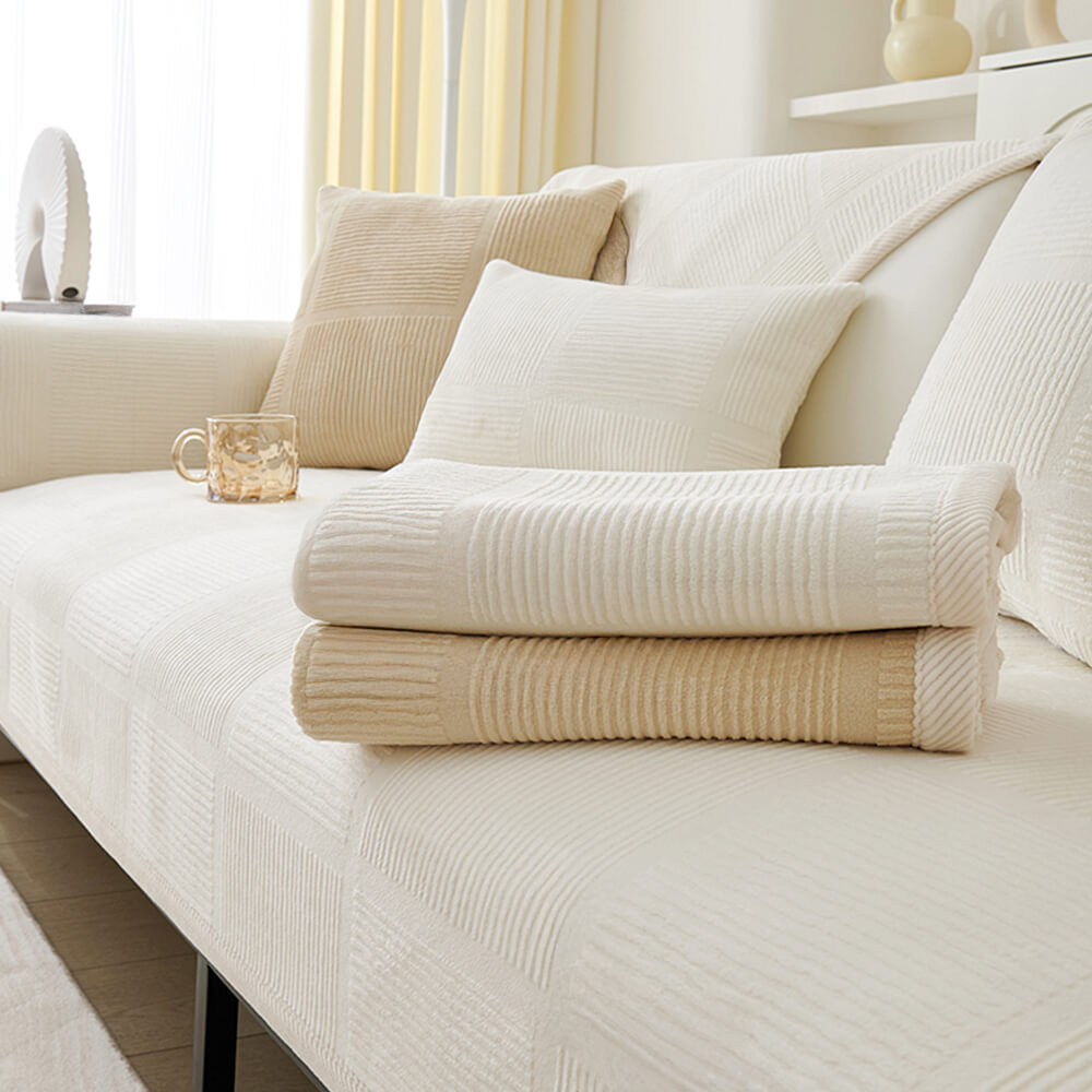 Plush striped square couch cover transforming an old sofa, before and after.