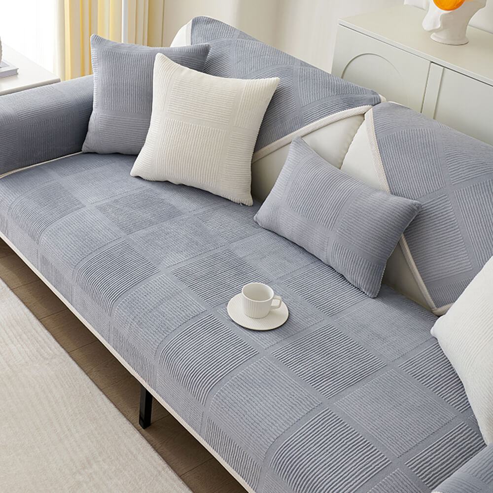 Soft plush striped square sofa slipcover, brown and white, for a sectional sofa.