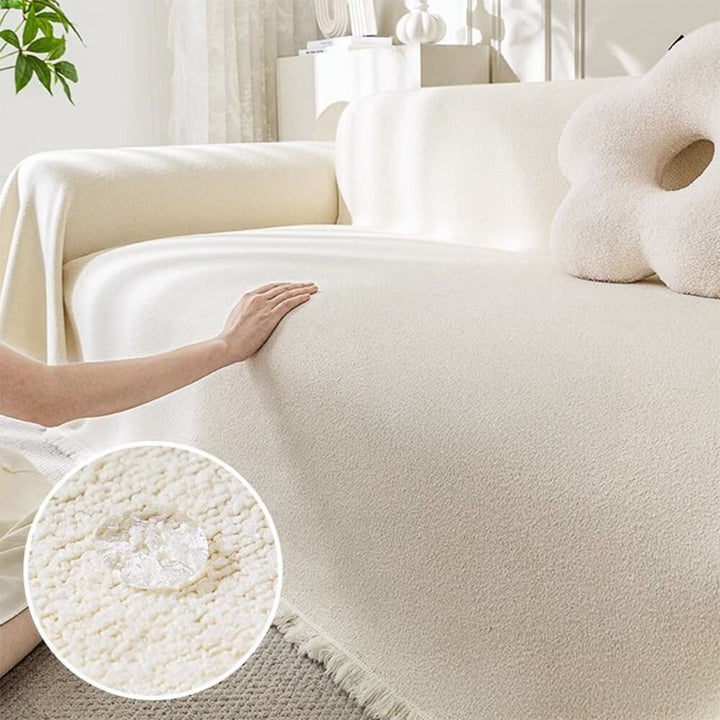 Plush teddy fabric water-resistant sofa couch cover in a modern living room setting