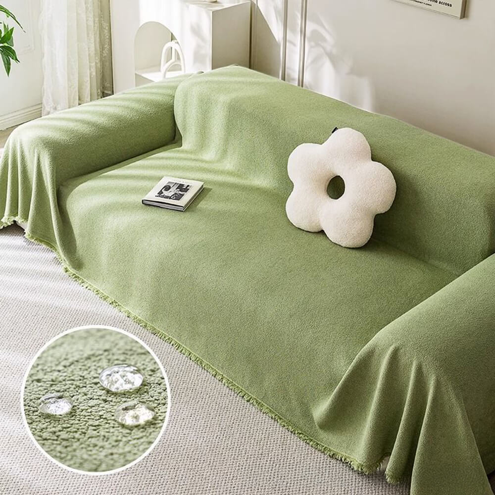 Unisex teddy plush water-resistant sofa cover, showing its snug fit on a couch