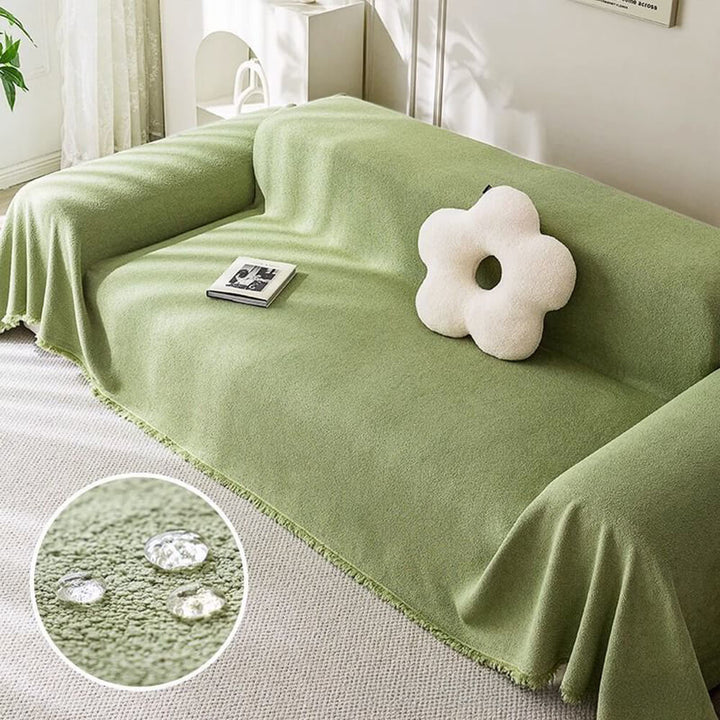 Unisex teddy plush water-resistant sofa cover, showing its snug fit on a couch