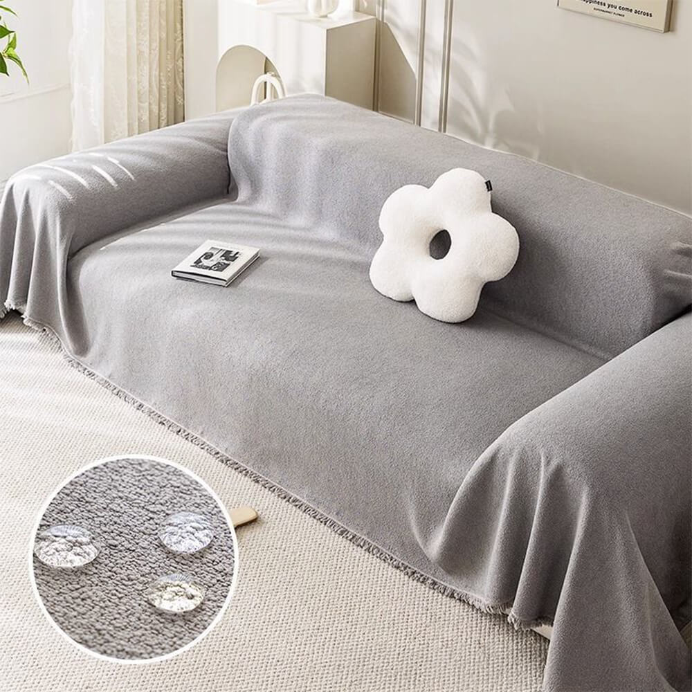 Corner detail of a cozy teddy plush waterproof couch cover, home decor essential
