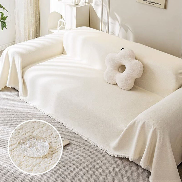 Modern teddy plush couch cover in a light color, enhancing living room decor