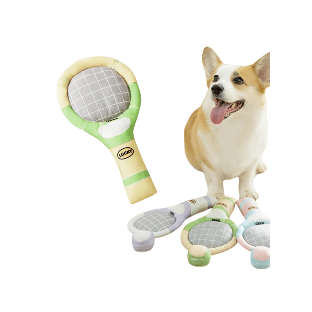 Unisex crinkle tennis racket dog toy, soft plush chew for dental health and enrichment.