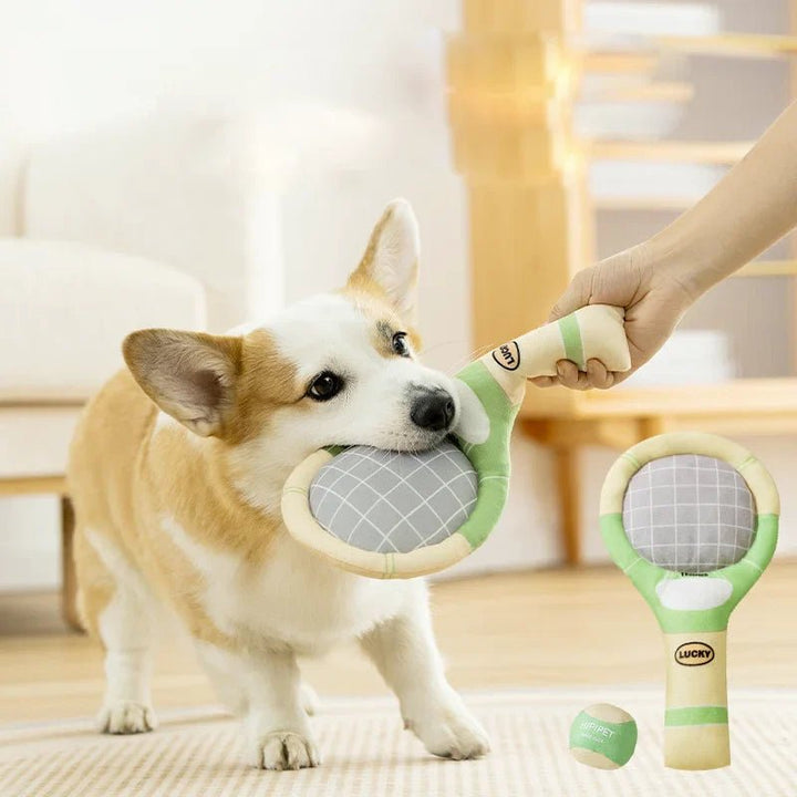 Small dog crinkle toy, plush tennis racket design perfect for interactive pet play.