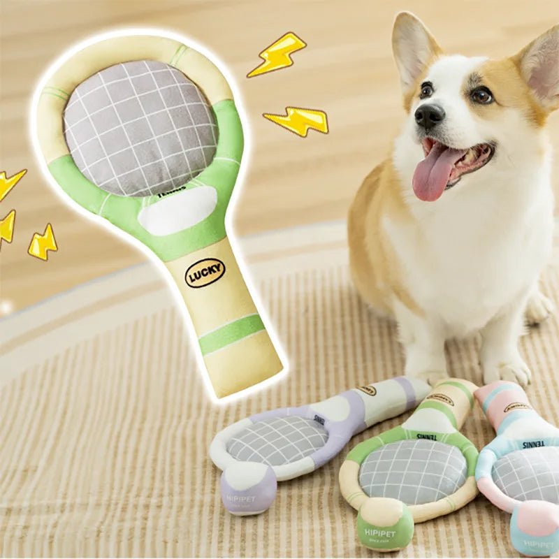 Dental chew plush dog toy, tennis racket with crinkle sound for small breeds.