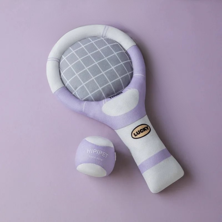 Pet supplies: interactive plush tennis racket dog toy, crinkle sound, durable chew.