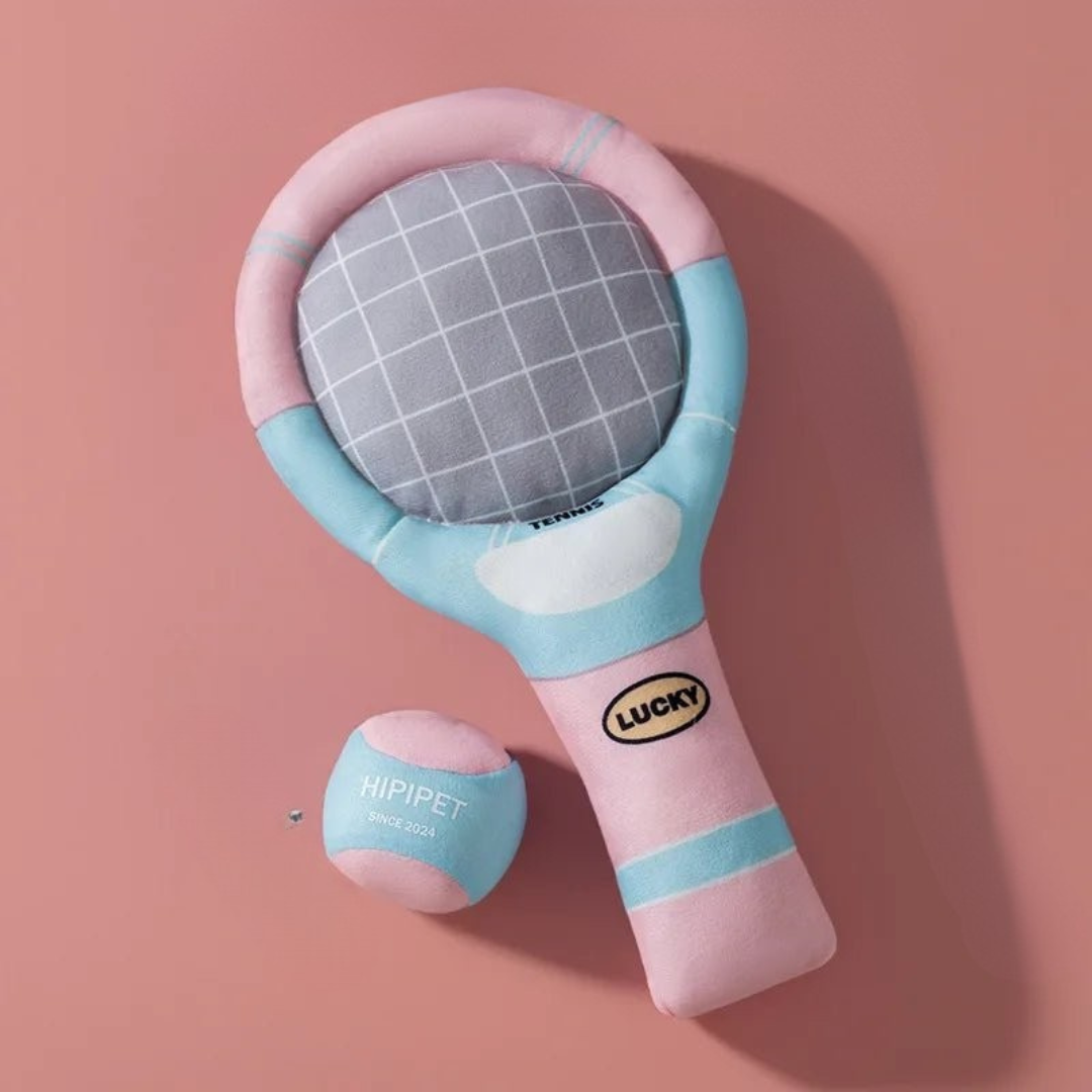 Dog enrichment tennis racket toy, plush material with crinkles for stimulating playtime.