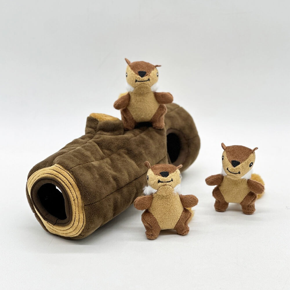 Plush tree trunk dog toy with three squeaky squirrel plushies for interactive hide-and-seek play