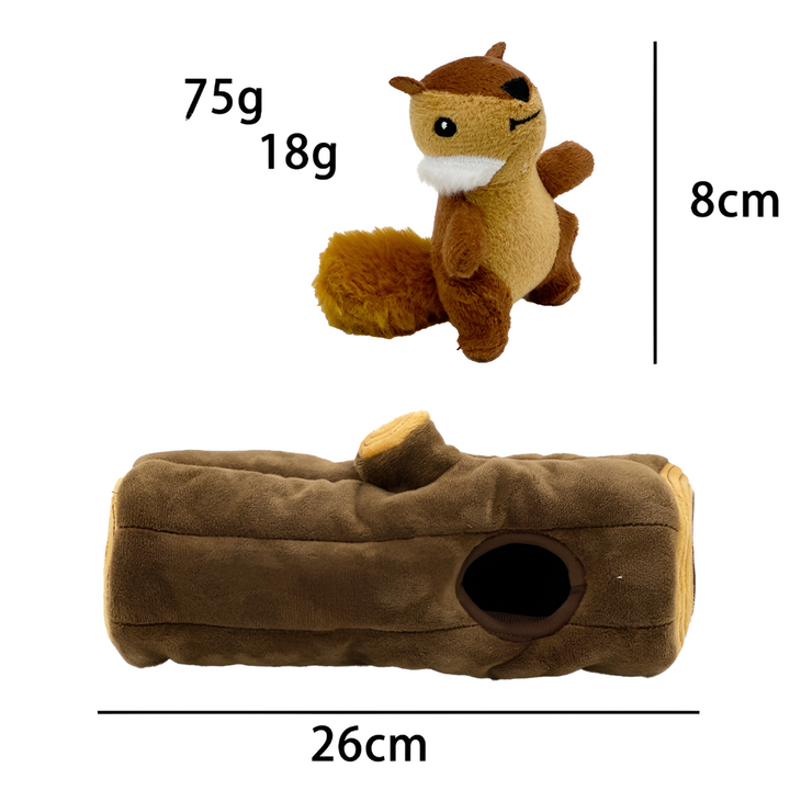 Interactive dog puzzle toy: soft tree trunk with removable squeaky squirrels, promoting mental stimulation