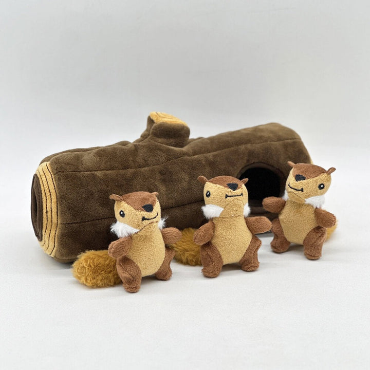 New Plush interactive dog toy featuring a tree log and three cute squeaky squirrels for pet enrichment