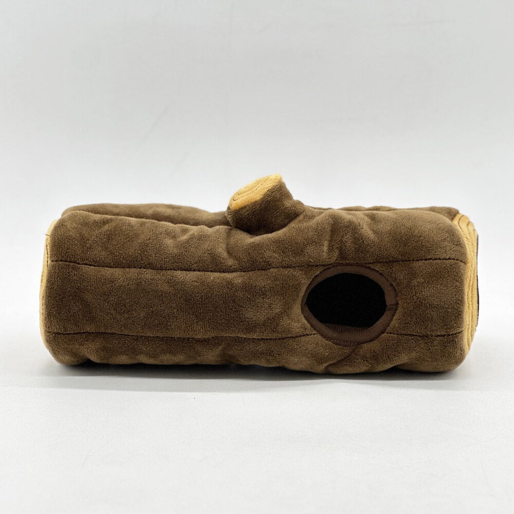 Interactive dog accessory: plush tree bark toy with three squeaky squirrel characters for puzzle play