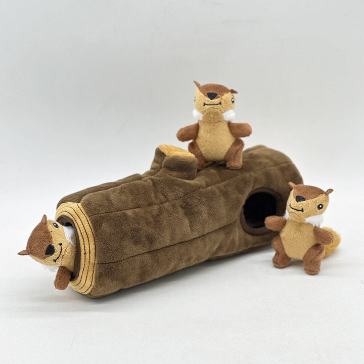 Top view of the 'New4' interactive plush dog toy, showcasing its tree trunk design and squeaky squirrels