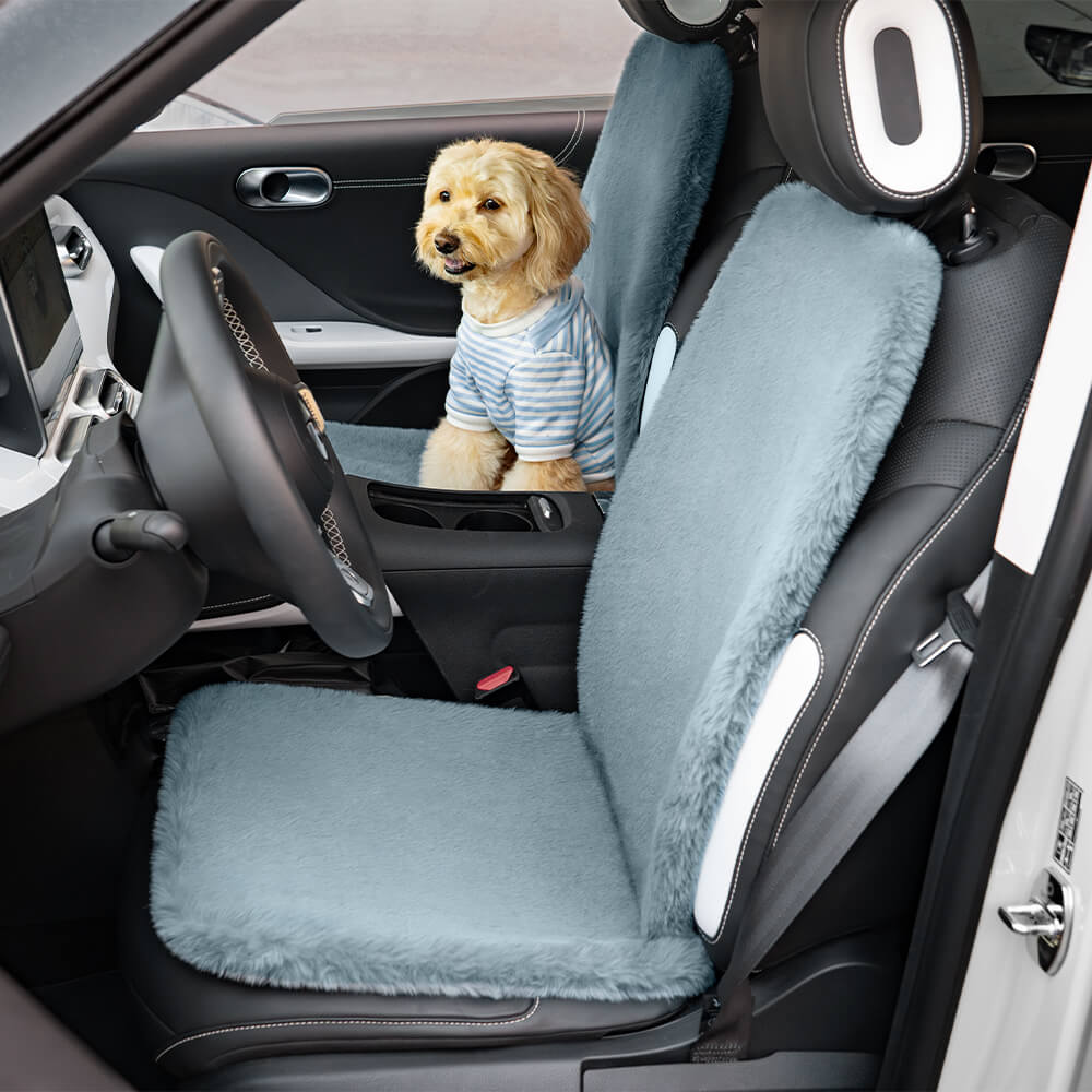 Beige plush dog car seat cover, a universal fit auto accessory for vehicles, machine washable.