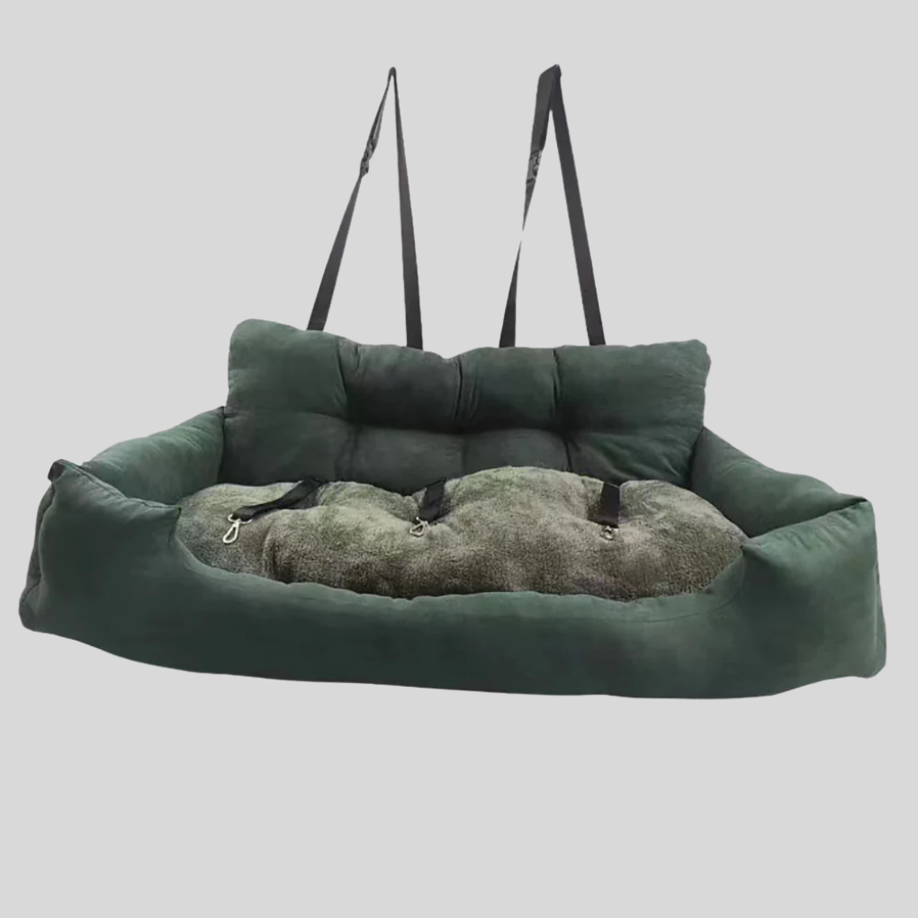 New4 dog car seat booster with safety straps, providing a secure kennel for pet travel; pet safety gear