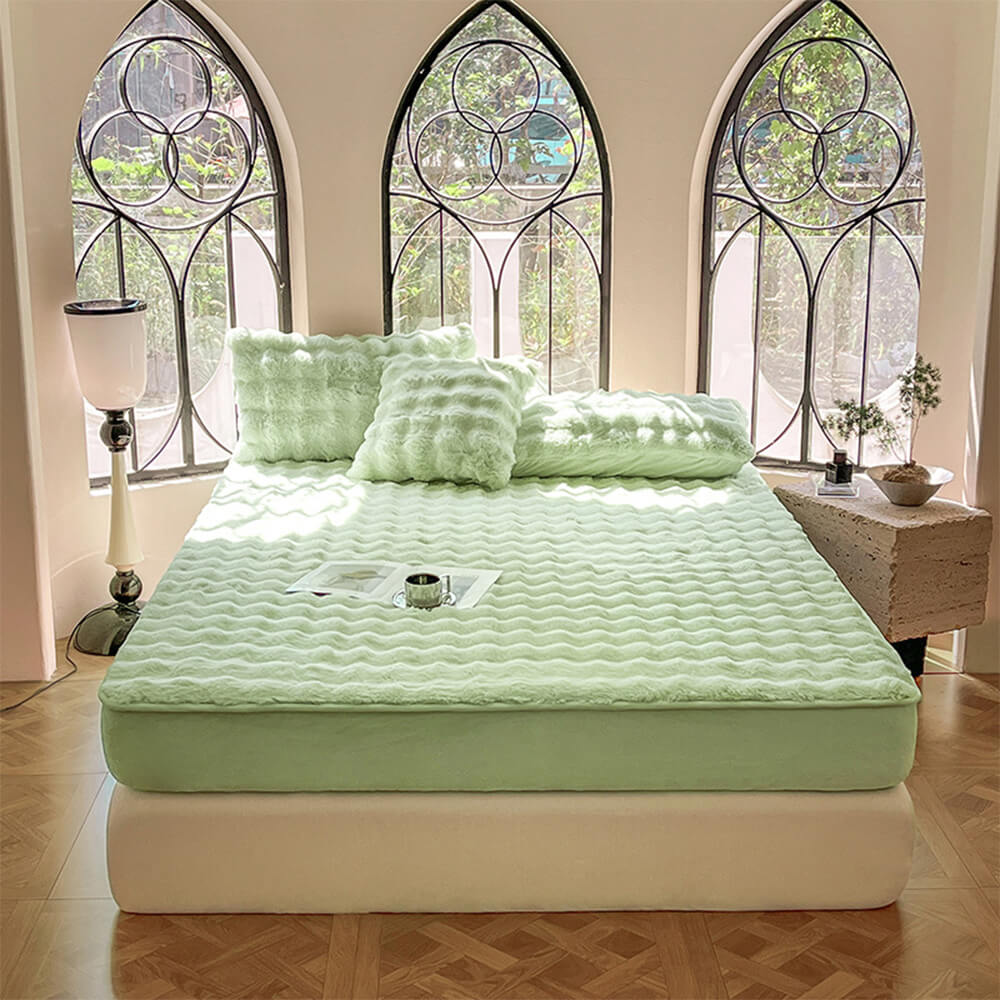 Luxury plush velvet fitted sheet with unique bubble texture, includes coordinating pillowcases for a complete bed.