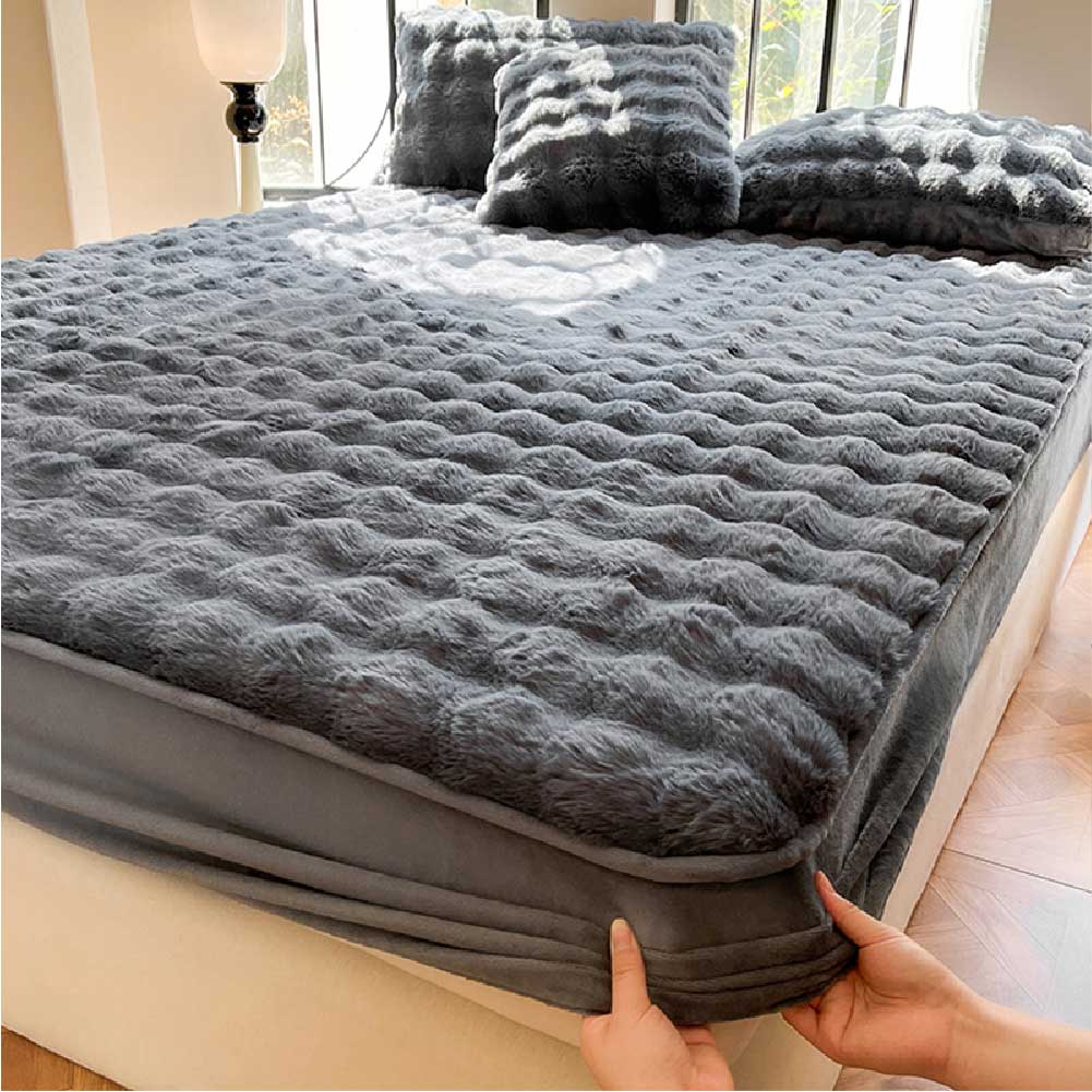 Pet hair resistant plush velvet fitted sheet and pillowcases, adding warmth and style to any bedroom.