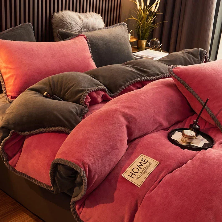 Plush velvet fleece comforter set, incredibly warm, perfect for cozy winter bedding.