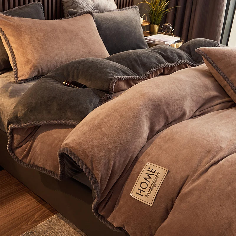Premium velvet fleece comforter set, a warm and soft home textile addition for your bedroom.