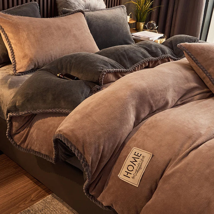 Premium velvet fleece comforter set, a warm and soft home textile addition for your bedroom.